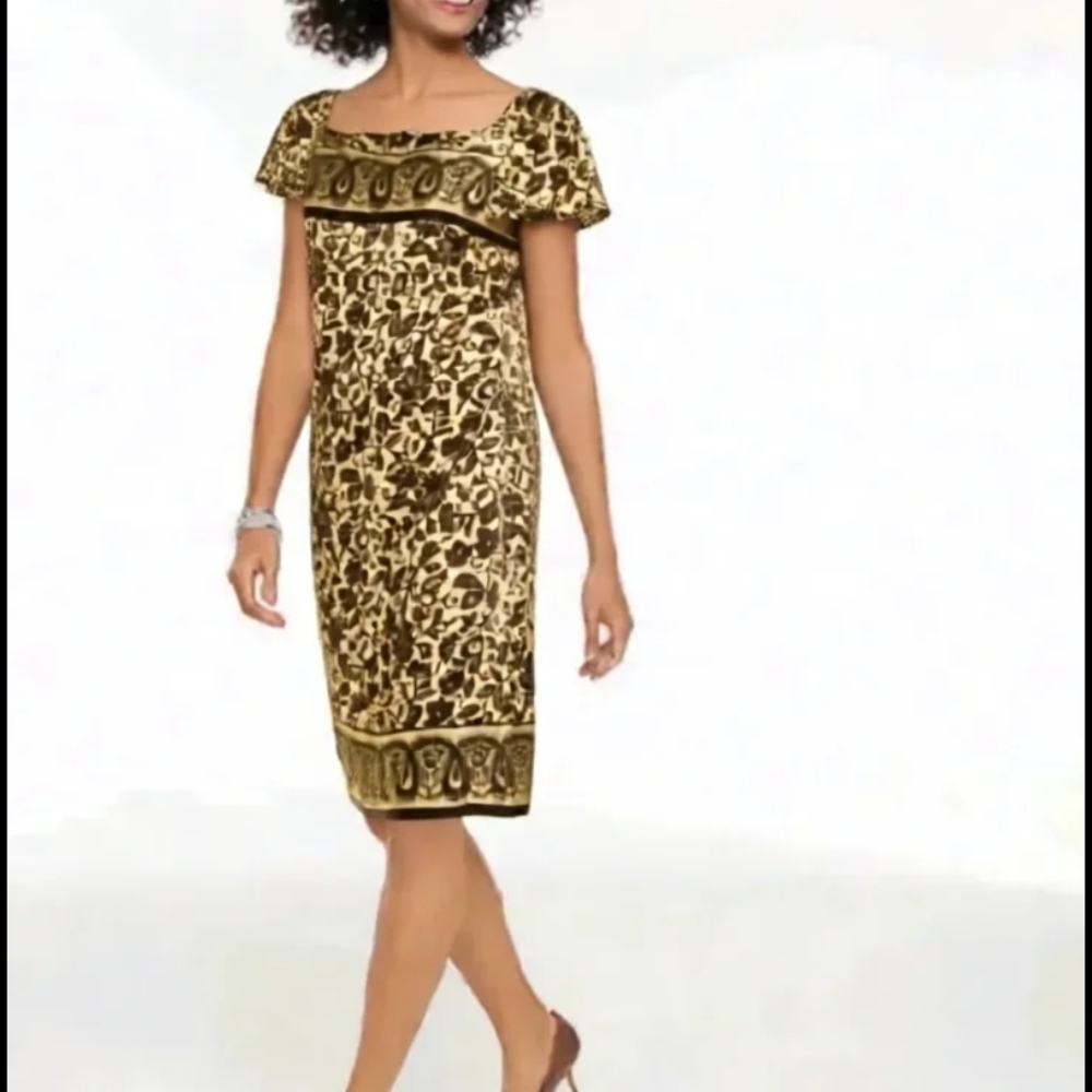 Donna Morgan 100% SILK Black and Gold Midi Dress